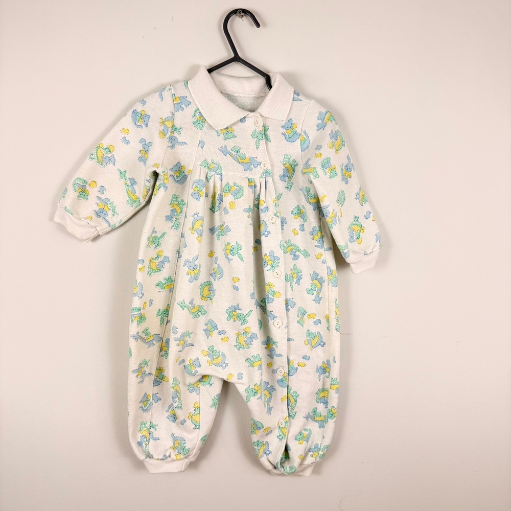 Yelma Vintage Kids Dinosaur Bunny‎ Print Romper Long Sleeve Button Front White